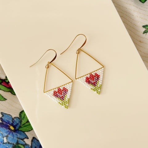 Gold Triangle Tulip Beaded Earrings