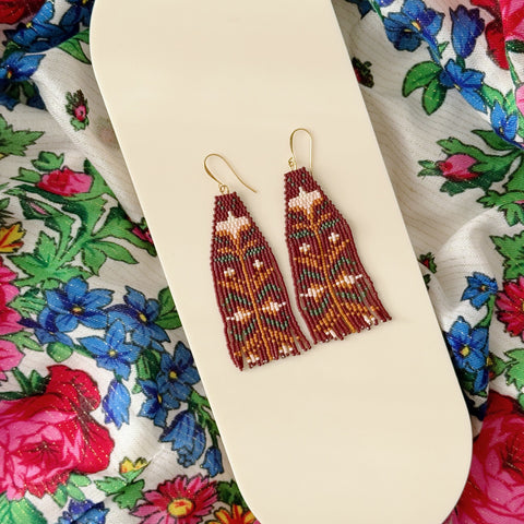 Floral Beaded Fringe Earrings (Matte Maroon)