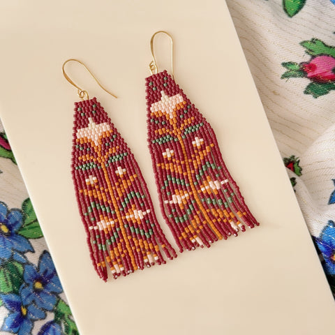 Floral Beaded Fringe Earrings (Matte Maroon)